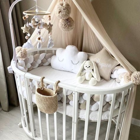 Oval Crib Suitable for Ages 0-5 Years Old - Adjustable, Stylish & Flexible - Sturdy Beech Wood Frame Round Crib Nursery, Circle Crib, Round Baby Cribs, Stokke Sleepi Crib, Baby Curtains, Oval Crib, Round Cribs, Circle Bed, Home Decor Wallpaper