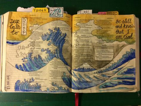 Psalm 46. Bible art. Bible journaling. Japanese sea painting. Deep calls to deep. Be still and know that I am God Illustrating Bible, Deep Calls To Deep, Scripture Stickers, Scripture Doodle, Faith Art Journaling, Bible Artwork, Bible Psalms, Faith Journaling, Bible Journaling Ideas Drawings