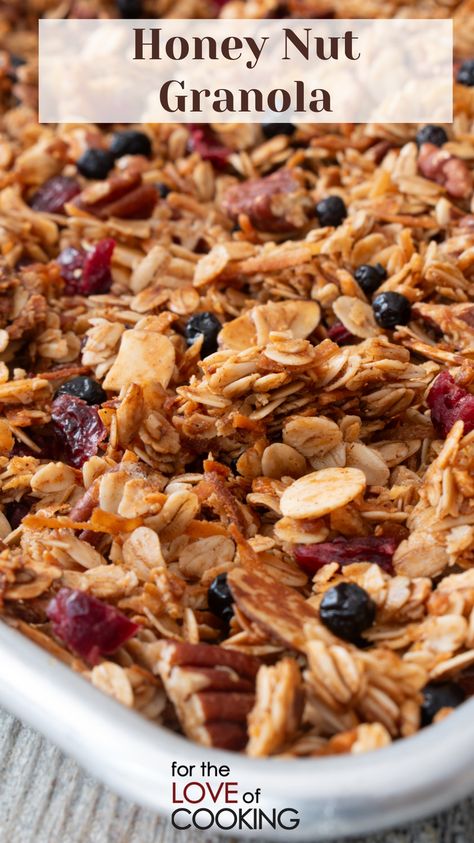 A hearty honey nut granola loaded with oats, pecans, almonds, coconut, blueberries, cranberries, cinnamon, and vanilla. Serve with milk, yogurt, or ice cream. 

New Recipe ~ Honey Nut Granola 

Link: https://fortheloveofcooking.net/recipe/honey-nut-granola 

#recipe #granola #homemadegranola #breakfastideas #oats #almonds #pecans #coconut #driedfruit #honey #EasyRecipes #quickbreakfast Granola Recipe Honey, Granola Recipe With Honey, Honey Nut Granola Recipe, Honey Granola Recipe, Nut Granola Recipe, Cinnamon Granola, Honey Granola, Nut Granola, Granola Cereal