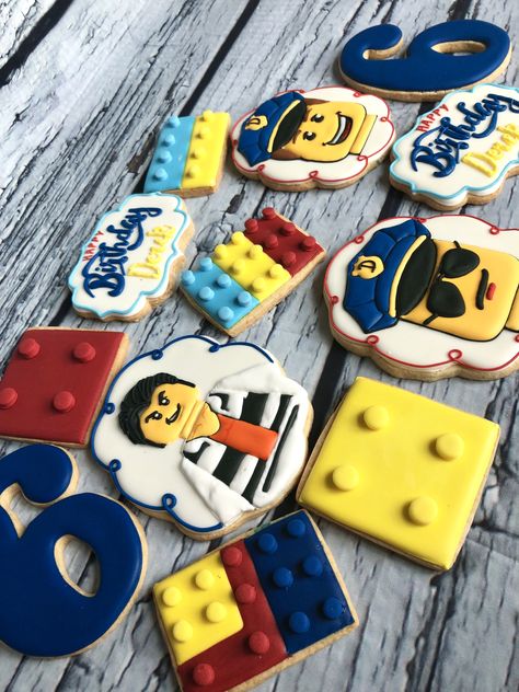 Lego police cookies Lego Police Birthday Cake, Lego Police Birthday Party, Police Cookies, Lego City Birthday, Police Lego, Police Birthday Cakes, Lego Cookies, 9th Birthday Party Ideas, Police Cakes