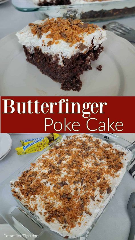 How to make a Butterfinger Cake. The perfect combination of cake and Butterfingers. This Butterfinger poke cake tastes amazing and is so easy to make. Butterfinger Ice Box Cake, Chocolate Better Than Anything Cake, Butterfinger Cake Poke, Butterfinger Angel Food Cake Dessert, Butterfinger Pieces Recipes, Butter Finger Cake Easy, Chocolate Butterfinger Cake, Butterfinger Torte, Butterfinger Poke Cake Recipes