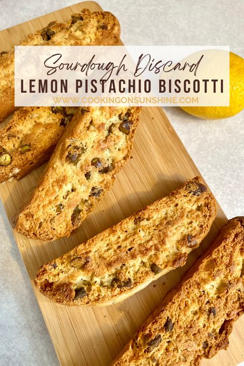 This lemon pistachio biscotti is perfectly crunchy and easy to make. Using sourdough discard, fresh lemon zest and chopped pistachios, it’s nutty with a touch of tang. Meet coffee’s new best friend. Sourdough Biscotti, Sourdough Discard Biscotti, Sourdough Biscotti Recipe, Biscotti Flavors, Lemon Biscotti, Artisan Sourdough Bread Recipe, Pistachio Biscotti, Pistachio Dessert, Pistachio Recipes