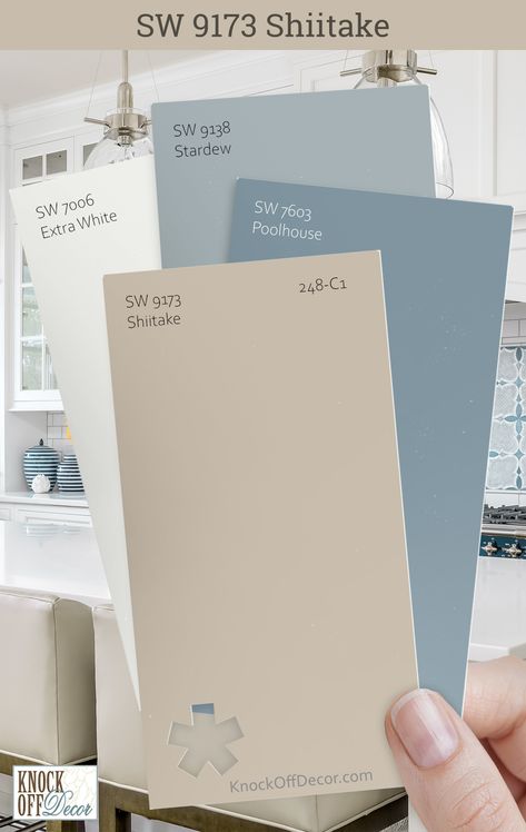 In the realm of paint, Sherwin-Williams Shiitake is a versatile hero. I've coupled it with hues that highlight its adaptability like here with SW Poolhouse, Stardew, and Extra White. For a home that's both stylish and inviting, check out my other fave palettes in my full review. Stardew Sherwin Williams Exterior, Poolhouse Blue Sherwin Williams, Sw Snowbound Coordinating Colors, Poolhouse Sherwin Williams, Sw Poolhouse Blue, Sherwin Williams Shiitake Color Palette, Seasalt Sw Bedroom, Stardew Exterior Paint, Sw Nebula Azul