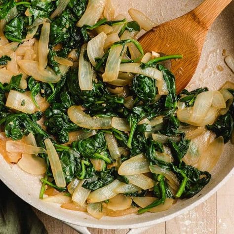 Sauteed Spinach and Onions - NeighborFood Spinach And Onions Sauteed, Sauteed Fresh Spinach Recipes, Sautéed Spinach And Mushrooms, Easy Spinach Recipes Healthy, Sautéed Spinach Recipes, Saute Spinach Recipes, Recipes Using Spinach Dinners, Sauted Spinach Recipes Garlic, Sauteed Spinach Recipes