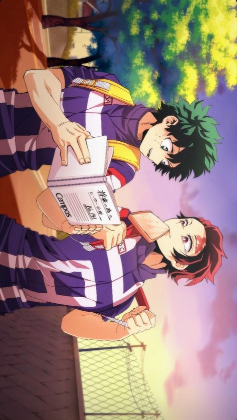 Tanjiro And Deku Fanart, Tanjiro In Mha, Mha X Kny Fanart, Mha And Demonslayer, Tanjiro Kimetsu Academy, Anime Crossover Wallpaper, Kny X Mha, Dessin Adorable, Anime Crossover