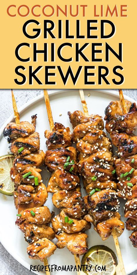 Check out these moist Coconut Lime Grilled Chicken Skewers. This Chicken Skewer marinade recipe brings an Asian flair to your summertime quick dinner on the grill. Grilled Chicken Kabobs are an easy and convenient way to cook for a crowd, are perfect for appetizers or starters and are great for BBQ’s. You can even make these chicken skewers in the Air Fryer or on your portable grill. Click thru to get the best Chicken Skewer recipe. #chickenskewer #chickenkabob #shishkabob #grillrecipe #chicken Chicken Skewer Marinade, Skewer Marinade, Chicken Skewers Marinade, Kabobs Chicken, Dinner On The Grill, Lime Grilled Chicken, Summer Dinner Recipes Grill, Cook For A Crowd, Grilled Appetizers