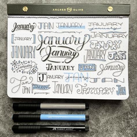 Ways To Write January, Different Ways To Write, January Lettering, Lettering Examples, Bullet Journal Lettering, January Writing, Fun Lettering, Bullet Journal Titles, March Bullet Journal