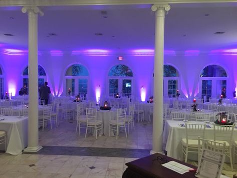 Purple uplights on white walls @ the Colovista Golf Club Bastrop, Tx Reception Lighting, Wedding Reception Lighting, The Mansion, Purple Accents, Accent Lighting, Anniversary Party, Lighting Ideas, Anniversary Parties, Austin Tx