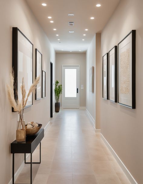 Simple Hallway Decor, Minimalist Entryway Decor, Long Hallway Design, Front Hallway Ideas Entrance, Corridor Wall Design, Home Corridor Design, Ideas Entryway Entrance, Modern Hallway Decor, Entryway Foyer Ideas