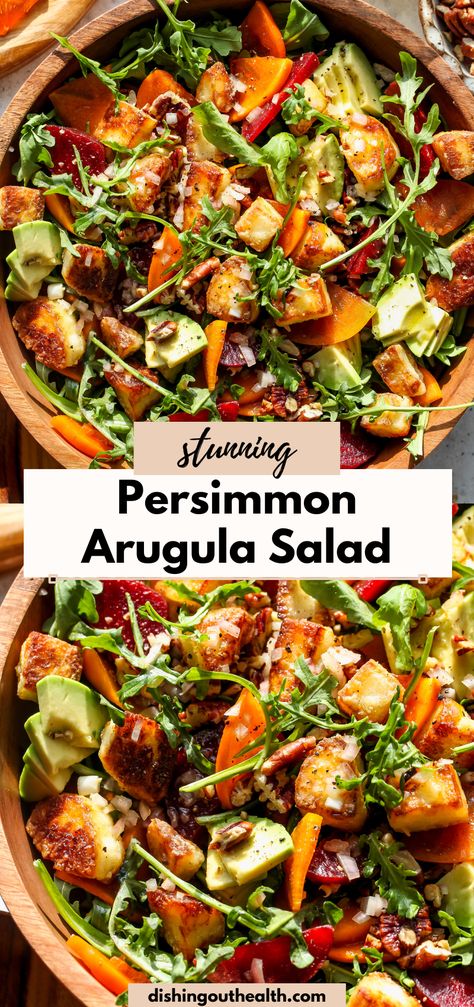 This beautiful Arugula and Persimmon Salad with Halloumi Croutons and White Wine Vinaigrette is a fall and winter favorite. Filled with color, flavor, and crunch, it's perfect for holiday entertaining. Persimmon Salad Winter, Persimmon Pomegranate Salad, Salad With Persimmons, Winter Orzo Salad Recipes, Fall Arugula Salad Recipes, Fall Arugula Salad, Persimmons Salad, Persimmon Salad Recipe, November Salad