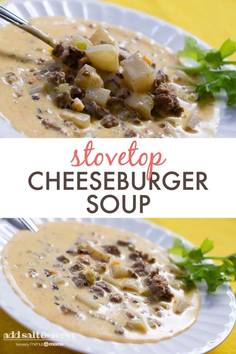 This classic Cheeseburger Soup with ground beef and Velveeta cheese is delicious and is perfect for an easy hearty supper. It's an easy stovetop recipe that can be ready in under an hour, and it's packed with vegetables the kids won't notice. #cheeseburgersoup #addsaltandserve Cheeseburger Soup With Velveeta, Soup With Velveeta Cheese, Easy Cheeseburger Soup, Stove Top Soup Recipes, Stove Top Soup, Classic Cheeseburger, Cheeseburger Soup Recipe, Cheddar Cheese Recipes, Small Town Woman