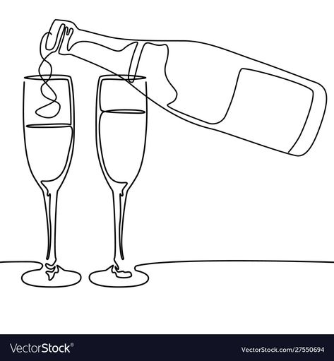 Happy Birthday Line Art, Champagne Drawing Easy, Wine Glasses Drawing, Champagne Glass Drawing, Champagne Bottle Drawing, Champagne Glasses Drawing, One Line Wine Glass Tattoo, Champagne Drawing, Champagne Line Art