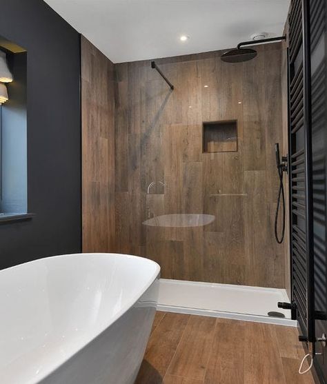 Academia Bathroom, Dark Academia Bathroom, Wood Tile Shower, Timber Tiles, Wood Effect Porcelain Tiles, Wood Tile Bathroom, Dark Bathroom, Wood Floor Bathroom, Dark Tile