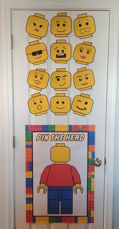 Pin the head on the Lego man game. Lego birthday party Lego Classroom Theme, Lego Party Games, Lego Party Decorations, Lego Friends Birthday, Ninjago Birthday Party, Lego Themed Party, Ninjago Birthday, Ninjago Party, Lego Activities