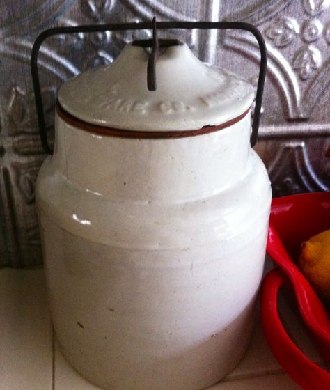 One hundred year old crock jar from Western Stoneware Co. Monmouth, IL, factory No. 4. Covered with years of dirt when Nick found it on a "pick" a few months ago. I love knowing that it was likely filled with homemade preserves or pickled eggs or such back in the day. Crock Decor, Colonial Primitive Decor, Antique Pie Safe, Vintage Crocks, Old Crock, Homemade Preserves, Coca Cola Cake, Butter Churns, Antique Crocks