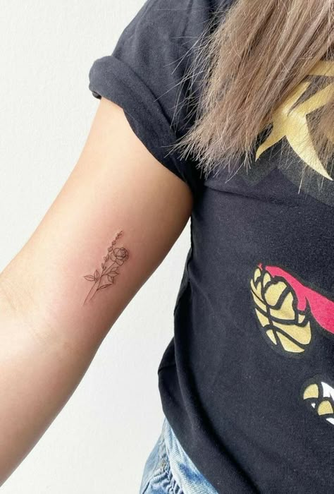 Arm Tattoo Women Upper, Wildflower Tattoo Dainty, Minimalistic Arm Tattoos For Women, Flower Tattoo On Inner Arm, Small Upper Arm Tattoos For Women Simple, Simple Flower Forearm Tattoo, Cute Bicep Tattoos For Women, Small Inner Bicep Tattoo For Women, Upper Arm Small Tattoos For Women