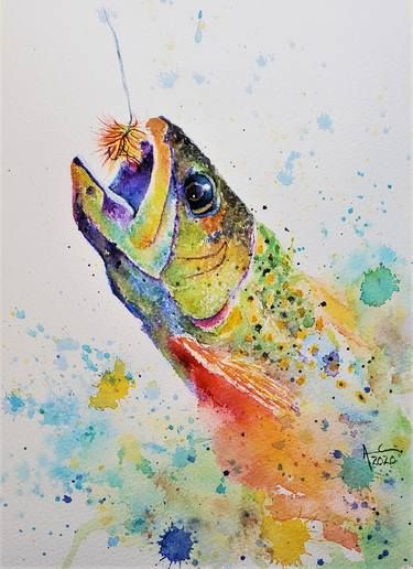 Trout Painting, Trout Art, Fly Fishing Art, Fish Artwork, Brook Trout, Watercolor Fish, Art Watercolor Painting, Rainbow Trout, Abstract Expressionism Art