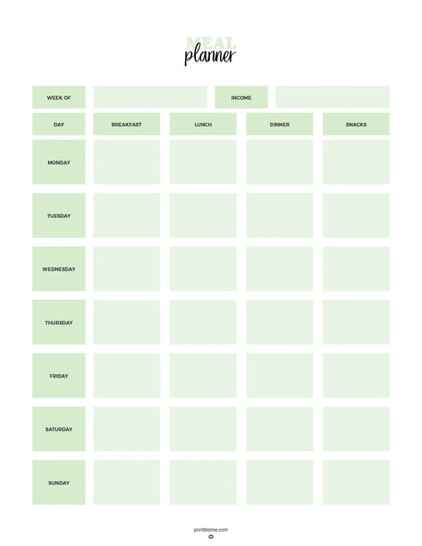 A free printable meal planner with sections for each day of the week, including spaces for breakfast, lunch, dinner, snacks, and income tracking. Meal Prep Chart, Meal Plan Template, Kitchen Inventory, Minimal Layout, Meal Planner Printable Free, Weekly Meal Planner Template, Printable Meal Planner, Meal Planners, Weekly Meals