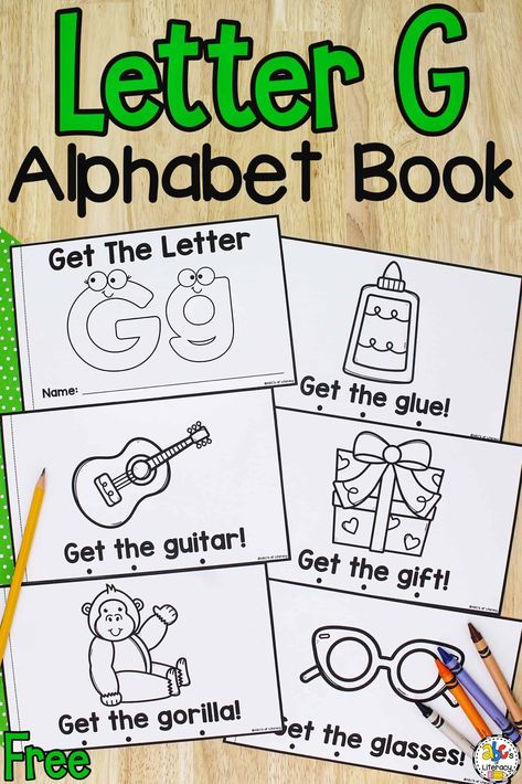 This Letter G Book is a fun way for your preschoolers to practice letter recognition, review concepts of print, and identify sight words. It’s a simple activity to use with your whole class, small groups, or individual students. You can send these books home for your students to read with their families too. Click on the picture to get the free printable letter book and look for the alphabet books for each letter! #alphabetbook #preschool #letterbook #alphabetbookforeachletter #prereading Letter G For Kindergarten, Letter G Books For Preschool, Letter G Kindergarten Activities, Letter G Lesson Plans For Preschool, Letter G Printables Free, Lowercase G Craft, Letter G Activities For Kindergarten, Letter Books Preschool Free Printable, G Preschool Activities