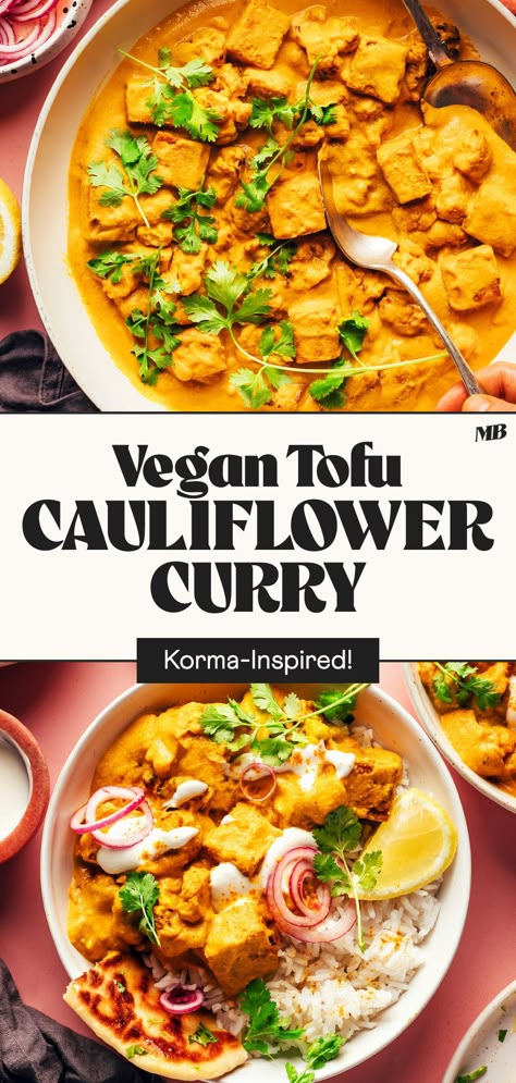 A nourishing, protein-packed curry with roasted cauliflower and tofu in a creamy cashew sauce! Just 10 ingredients required for this flavorful, Indian-inspired recipe. Tofu Coconut Curry, Tofu Cauliflower, Curry With Tofu, Korma Sauce, Low Fat Vegan Recipes, Vegan Curry Recipes, Tofu Curry, Quick Pickled Onions, Cashew Sauce