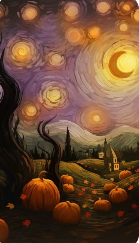 Pumpkin Art On Canvas, Harry Potter Starry Night Painting, Diy Canvas Projects, Fall Inspired Painting Ideas, Fall Season Painting, Van Gogh Pumpkin Painting, Starry Night Pumpkin Painting, Halloween Sky Painting, Halloween Scene Painting