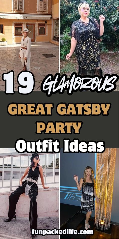 Get ready to channel the opulence of the Roaring Twenties with these 19 glamorous Great Gatsby party outfit ideas! From dazzling flapper dresses to sharp tuxedos, these outfits will have you looking effortlessly chic. Whether you're attending a Gatsby-inspired soirée or just want to steal the spotlight, find your perfect look here! 60s Casino Fashion, Great Gatsby Outfits For Women 1920s, Roaring 20s Suit Women, Roaring 20s Gala Outfit, Great Gatsby Party Outfit Older Women, 1920s Birthday Party Outfit, 20s Costumes Women, Easy Gatsby Outfit, Diy Gatsby Outfit