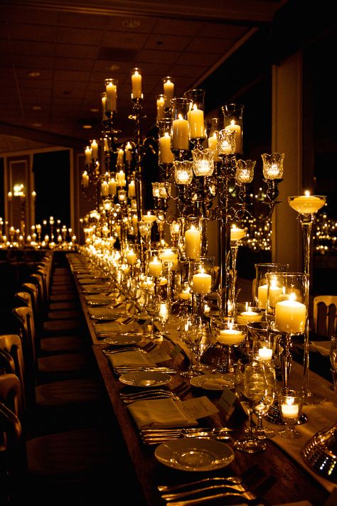 Dimly Lit Wedding Reception, Candle Party Decor, Candle Abras Centerpieces, Wedding With Lots Of Candles, Wedding Reception Lights, Candleabra Ideas, Candle Opera, Candlelight Wedding Reception, Candlelight Dinner Table