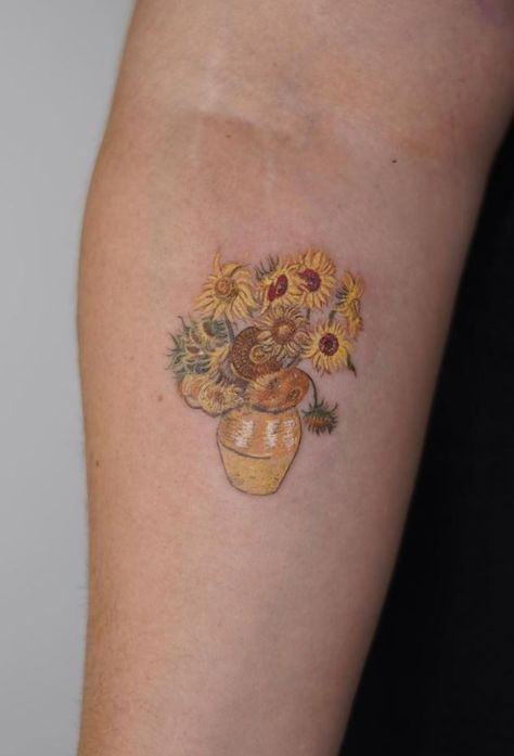 Van Gogh Sunflowers Tattoo Can Gogh Sunflower Tattoo, Sunflowers Van Gogh Tattoo, Van Ghog Tattoos, Van Gogh Sunflower Tattoo Black And White, Van Gogh Flower Tattoo, Small Van Gogh Tattoo, Van Gogh Flowers Tattoo, Can Gogh Tattoo, Van Gogh Tattoo Black And White