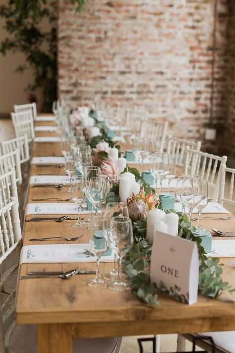 Tressel Table Wedding, Protea Wedding Table Decor, Greenery Table Setting, Table Greenery, Protea Wedding, Flower Table Decorations, Long Table Wedding, Olive Green Weddings, Bush Wedding