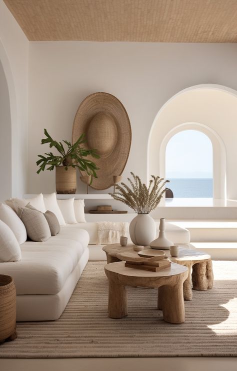 Step into serenity with this modern, Mediterranean-inspired living area. Revel in the raw materials, layered textures, and minimalist design. The wooden coffee table beautifully complements the pristine white couches, all set against a soothing beige backdrop. #SustainableDesign #MinimalistInteriors Mediterranean Interior Apartment, Medditeranean Style Interior, Modern Beach Apartment Interior Design, Japandi Beach House, Mediterranean Living Room Inspiration, Mykonian Architecture, Mediterranean Beach House Decor, White Mediterranean House, Mediterranean Table Setting