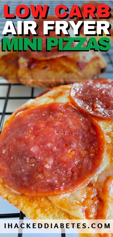 Tasty pizzas made in the air fryer and topped with pepperoni and mozzarella. #keto #lowcarb #pizza #recipe Keto Air Fryer Pizza, Air Fryer Keto Breakfast, Keto Pizza Roll Ups Air Fryer, Low Carb Air Fryer Pizza, Airfryer Keto Recipes, Air Fryer Low Carb Recipes, Airfryer Pizza, Low Carb Air Fryer, Keto Air Fryer Recipes