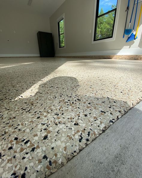 Tan Epoxy Garage Floor, Epoxy Flake Garage Floor, Beige Epoxy Floor, Epoxy Garage Floor Colors, Tan Flooring, Epoxy Garage Floor, Man Garage, Garage Floor Epoxy, Garage Renovation