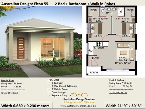 Granny Flat Plans, Flat House Design, Flat Plan, House Plans For Sale, Flat House, Small Tiny House, Two Bedroom House, 2 Bedroom House Plans, Tiny House Floor Plans