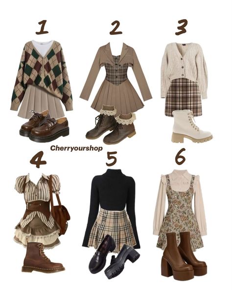 Fall Outfits 🍂! Tell us your favorite 1-6 ?👇🏼 Clothe Inspo For School, Styles For School Clothes, Casual Outfits For School Winter, Fall Vintage Aesthetic Outfits, Cute Outfits Dark Academia, Fall Kawaii Outfits, Outfit Ideas Moodboard, Aesthetic Fall Clothes, Sweatervest Aesthetic Outfit Fall