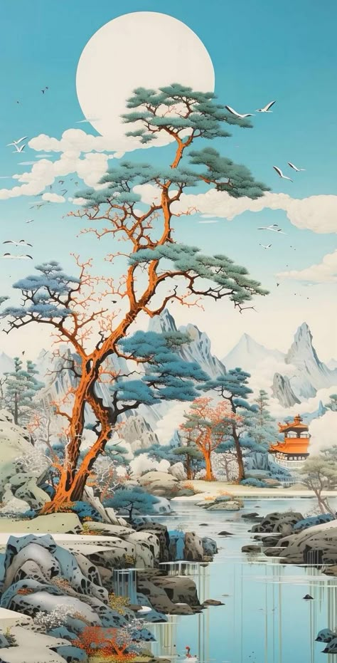 Japanese Block Print, Chinese Background, Glitter Wall Art, Japan Landscape, Calming Bedroom, Chinese Art Painting, Chinese Animation, Asian Painting, Gallery Wallpaper