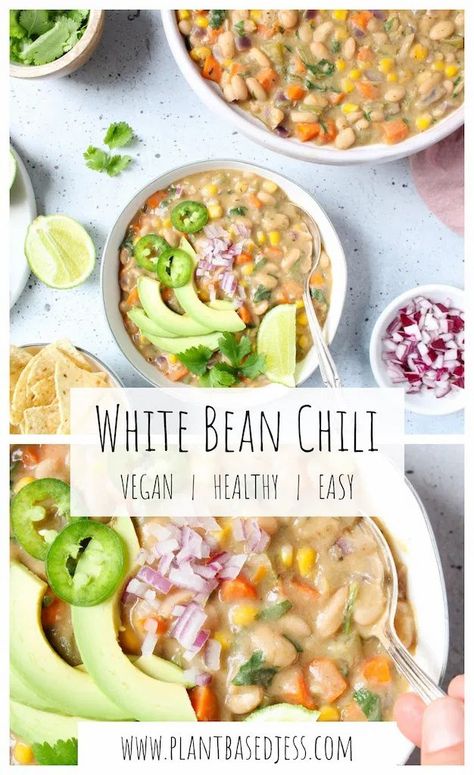 Vegan White Bean Chili, White Bean Chili, Veggie Chili, Plant Based Soups, Chili Recipe Crockpot, Plant Based Diet Recipes, Plant Based Dinner, Bean Chili, Chili Recipe Easy