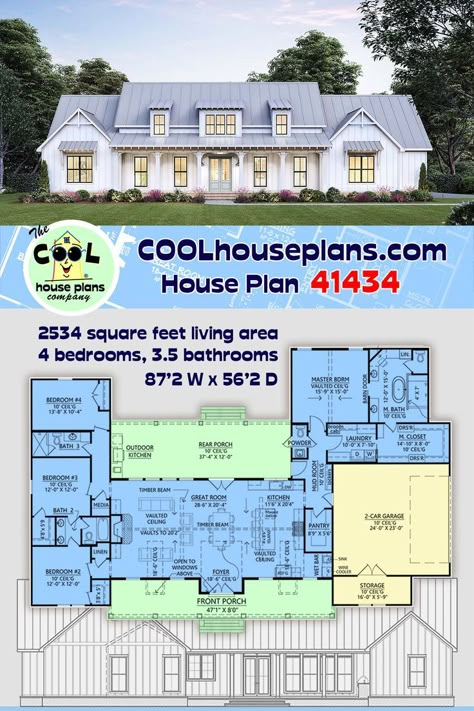 Ranch Farmhouse Plan 41434 has 2,534 square feet of open living space inside. Large families will build this home because it has 4 bedrooms and great outdoor living space. The rear porch measures 34’4 wide by 12′ deep, and it includes an outdoor kitchen. Picture-perfect Farmhouse Style curb appeal makes this new construction fit into any new development. We love the clean white siding, shiny metal roof, and inviting front covered porch. #COOLhouseplans #farmhouse #houseplans #OpenFloorPlans Farmhouse Houseplans, Ranch Farmhouse Plans, Ranch Farmhouse, White Siding, Craftsman Farmhouse, Large Families, Open Living, Outdoor Kitchen Design Layout, Farmhouse Style House Plans