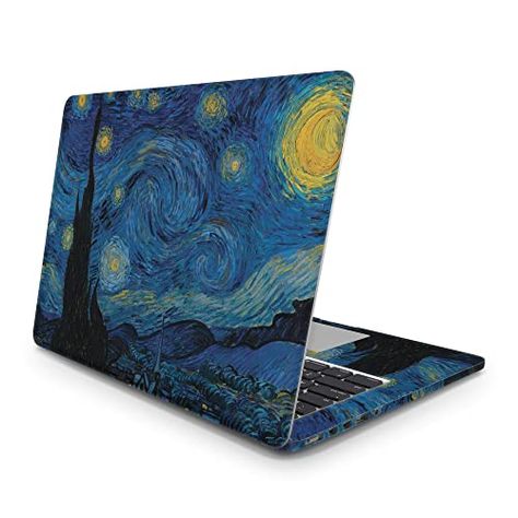 Starry Night Macbook Wallpaper, Painting On Laptop Cover, Laptop Cover Painting Ideas, Comp Wallpaper, Laptop Skin Ideas, Hp Laptop Stickers, Starry Night Van Gogh, Art Case, Hp Laptop