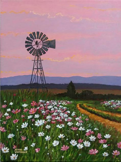 Windmill Painting Acrylic, Texas Landscape Paintings, Country Scenes Farms Landscapes, Windpomp Art, Windmill Drawing, Windmill Painting, Windmill Landscaping, Farm Windmill, Windmill Art