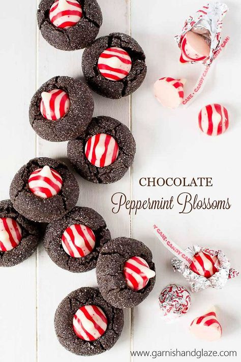 Chocolate Peppermint Blossoms  are the perfect addition to your Christmas cookie plate! They have a rich dark chocolate cookie base and are topped with a sweet peppermint kiss. Santa is sure to love these! #peppermint #christmascookies #chocolatecookies | GarnishandGlaze.com Chocolate Peppermint Blossom Cookies, Chocolate Peppermint Kiss Blossoms, Peppermint Blossoms Hershey's Kisses, Chocolate Peppermint Blossoms, Chocolate Peppermint Kiss Cookies, Chocolate Cookies With Peppermint Kisses, Peppermint Kisses Recipes, Peppermint Kiss Cookies Recipe, Top Rated Christmas Cookies