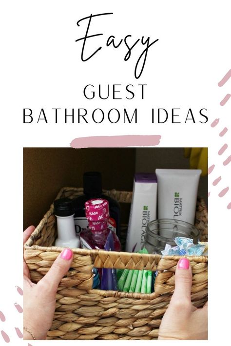 Easy Guest Bathroom Ideas Stocked Guest Bathroom, Guest Bathroom Welcome Basket, What To Keep In Your Guest Bathroom, Guest Bathroom Ideas Toiletries, Toiletries For Guests, Items For Guest Bathroom, Guest Toiletries Basket, Guest Bathroom Essentials Products, Guest Bathroom Shelf Decor