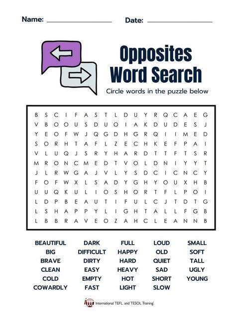 Here's a fun EFL word search with adjectives and their opposites. Opposites Worksheet, Abc Order Worksheet, Spring Word Search, Adjectives Activities, Spring Vocabulary, Teach English Online, Adjective Worksheet, Creative Lesson Plans, Spring Words