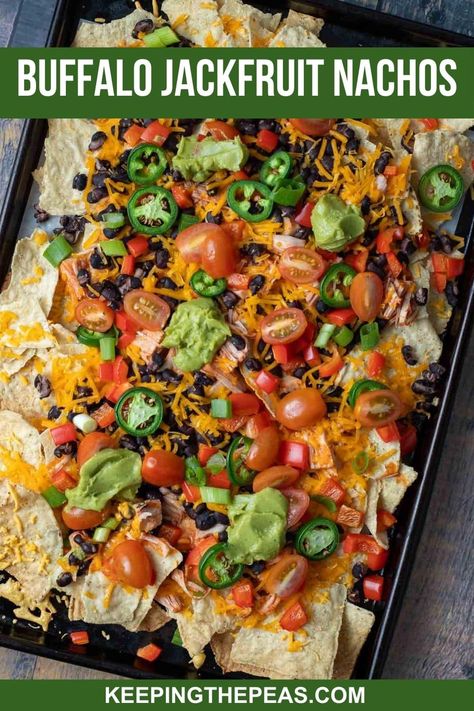 Jackfruit Nachos Easy Friday Night Dinner, Jackfruit Nachos, Buffalo Jackfruit, Vegan Buffalo Sauce, Jackfruit Pulled Pork, Nacho Toppings, Bbq Jackfruit, Jackfruit Recipes, Vegan Nachos