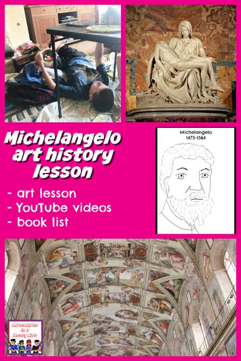 Michelangelo art history lesson Michelangelo Art Projects For Kids, Michangelo Art, Michael Angelo Painting, Chapel Ceiling, Michelangelo Art, Sistine Chapel Ceiling, First Grade Art, Art History Lessons, Artist Study