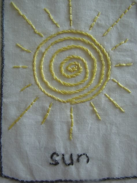 Sun Embroidery Simple, Sun Embroidery Design, Embroider Knitting, Sun Embroidery Pattern, Jacket Stitching, Sun Embroidery, Embroidered Sun, Embroidery Stitches Beginner, Nursery Cross Stitch