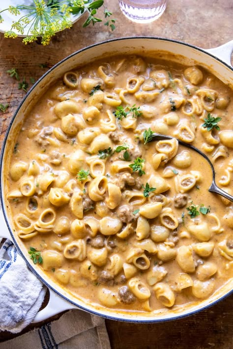 Healthier Homemade One Pot Hamburger Helper | halfbakeharvest.com Ground Beef Hamburger Helper Recipes, Half Baked Harvest Hamburger Helper, Half Homemade Recipes, Salt And Lavender Hamburger Helper, Pasta Recipes With Hamburger Meat, Gf Hamburger Helper, Creamy Hamburger Helper, Cheesy Ranch Burger Hamburger Helper, Pasta For Meal Prep