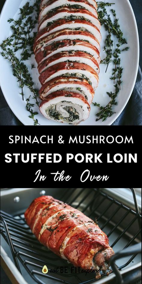 Graphic with 2 images of a recipe and the title "Spinach & Mushroom Stuffed Pork Loin in the Oven." Stuffed Pork Roast In Oven, Stuffed Pork Loin Recipes Oven Baked, Stuff Pork Loin Recipes, Stuffed Pork Roast Recipes, Keto Pork Loin Recipes, Stuffed Pork Tenderloin Recipes In Oven, Stuffed Pork Loin Recipes Oven, Stuffed Pork Loin Recipes, Stuffed Pork Tenderloin Recipes