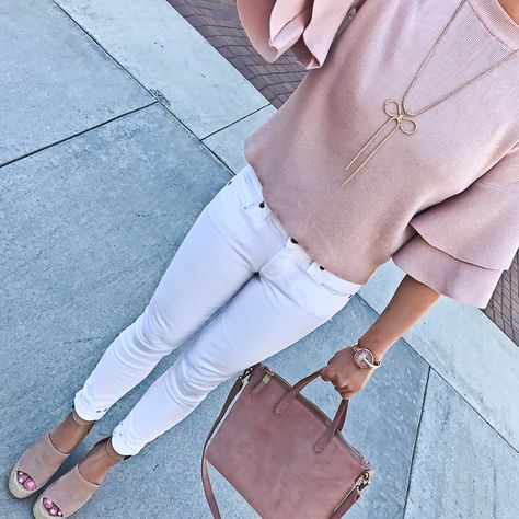 flamingo infinity scarf, ways to wear white jeans, petite fashion, spring outfits, bow necklace, marc fisher adalyne wedge sandals, striped shirt Pink Top Outfit, Stylish Petite, White Jeans Outfit, Top Outfit, Pink Knit, Marc Fisher, Pink Top, Ladies Dress Design, Petite Fashion