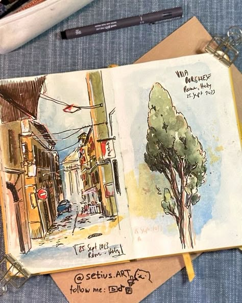 Take a look into my yellow travel and urban sketchbook! Can you guess the places? Page 26 Urban Sketchbook, Real Life Drawing, Urban Perspective, Cute Art Projects, Picture Scrapbook, Art Journal Sketches, Journal Sketches, Sketchbook Spreads, Travel Art Journal