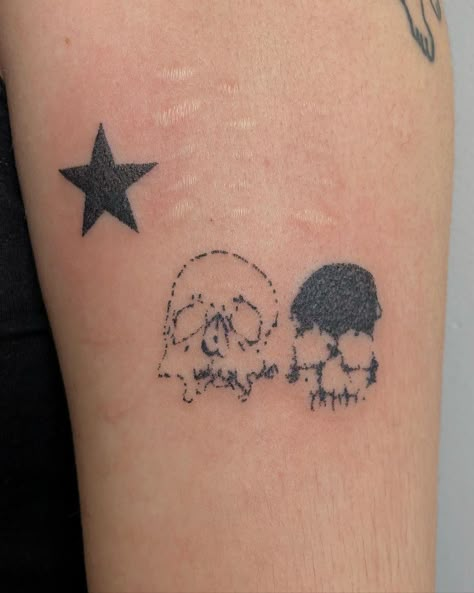 Mini Tats Grunge, Alt Matching Tattoos, Star Elbow Tattoo, Stardew Valley Tattoo, Small Stick And Poke Tattoo, Fun Tattoos, Grunge Tattoo, Men's Small Tattoo, Funky Tattoos